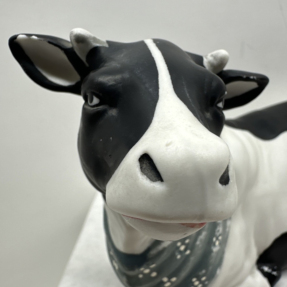 Vintage Ceramic Cow Figurine Sitting Laying Bandana Holstein Black and White